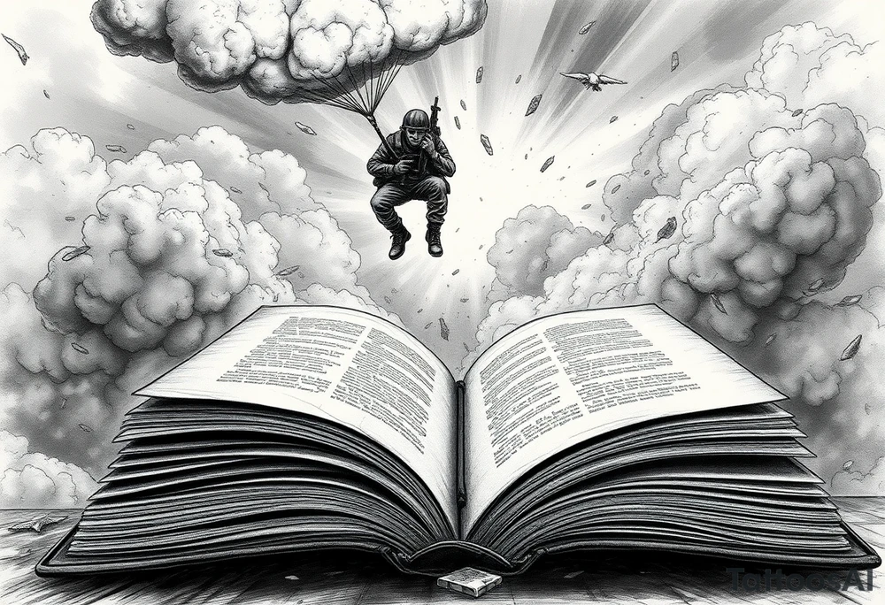 “A parachuting soldier descending from a storm-torn sky, smoke, embers and debris swirling around; the soldier is in mid-air, detailed gear (helmet, boots, rifle slung over shoulder), just about to land into an open, aged book with weathered pages spread wide. The book is large, ancient leather bound, its pages fluttering, cracks or tears on edges. The scene is dramatic, surreal: perspective from low so you see the book in foreground, sky above dark and chaotic, contrast between harsh sky and the calm, almost sacred book. Style: high-contrast black & grey with some muted earth tones and a single vivid accent colour (e.g. red). Fine line work, slightly realistic with stylised surreal elements; shadows deep; textures of leather, cloth, smoke detailed.” tattoo idea