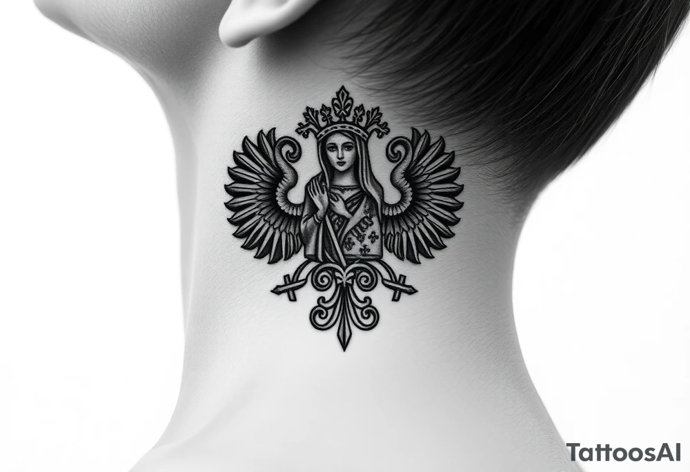 russian coat arms in a christian orthodox style virgin mary on the side of the neck tattoo idea