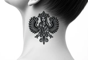 russian coat arms in a christian orthodox style virgin mary on the side of the neck tattoo idea