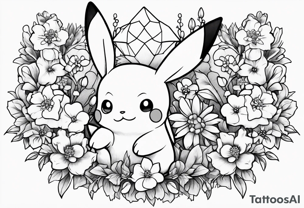 A loose bouquet of forget me knots and cute pikachu at the bottom holding the bouquet tattoo idea