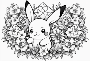 A loose bouquet of forget me knots and cute pikachu at the bottom holding the bouquet tattoo idea