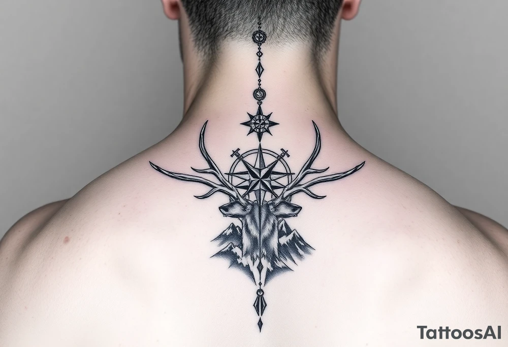 Long Spine tattoo that goes vertically down your spine of elk and deer antlers intertwined , a compass, and mountains tattoo idea