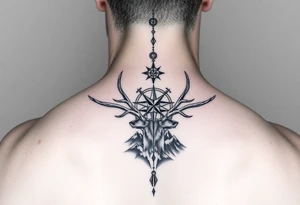 Long Spine tattoo that goes vertically down your spine of elk and deer antlers intertwined , a compass, and mountains tattoo idea