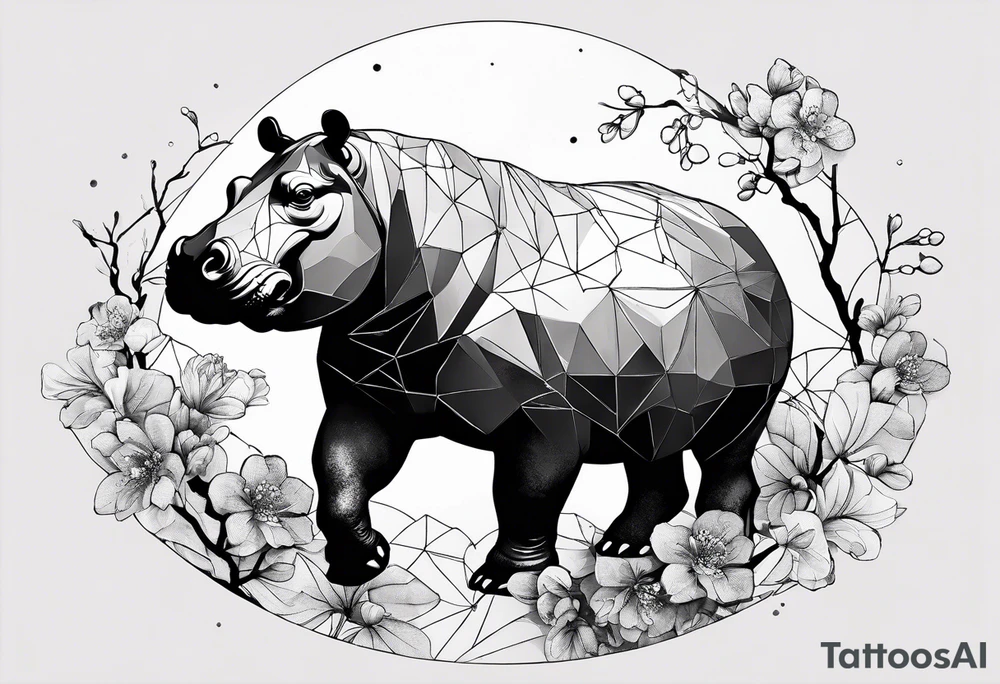 Asymmetrical, geometric, chinese ink art touch, hippo , full moon, wintersweet flower, light , modify from my favourite, ratio 9:16 tattoo idea