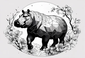 Asymmetrical, geometric, chinese ink art touch, hippo , full moon, wintersweet flower, light , modify from my favourite, ratio 9:16 tattoo idea