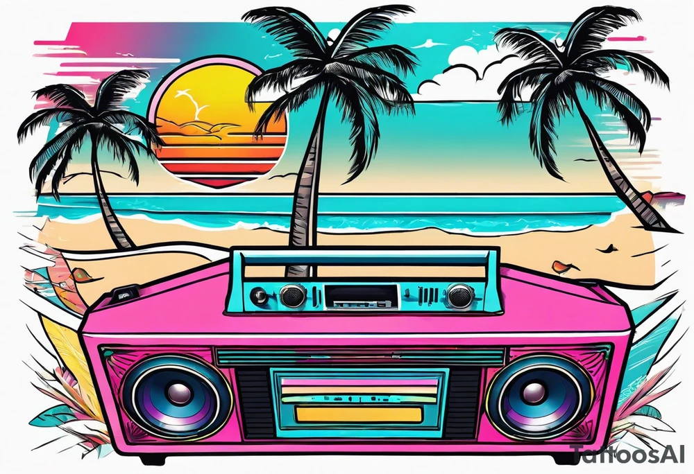 1980'S BOOM BOX MIAMI VICE STYLE, BEACH , PALM TREES, MUSIC NOTES tattoo idea