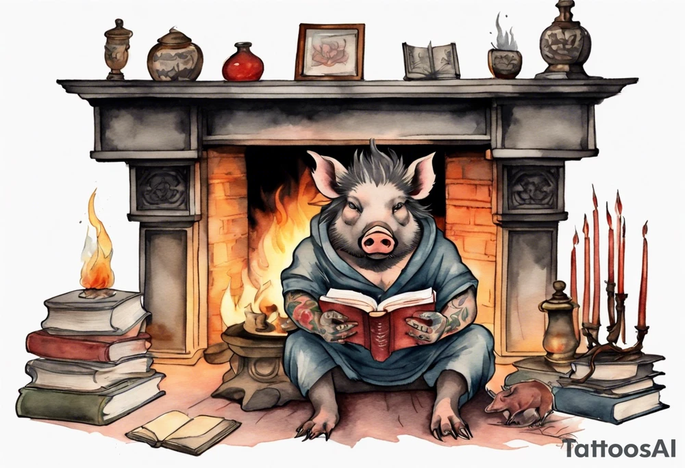 an boar with tusks sitting by a fireplace reading a book tattoo idea