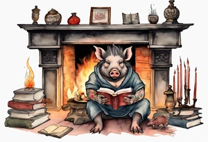 an boar with tusks sitting by a fireplace reading a book tattoo idea
