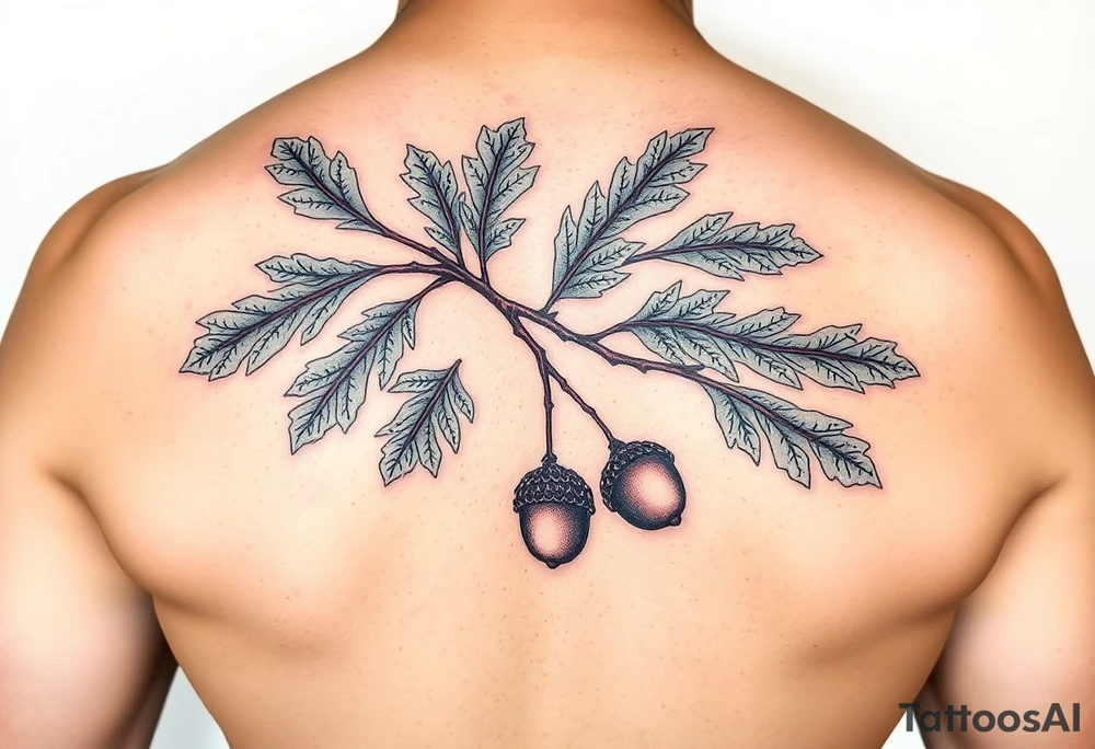 oak branch with thick leaves and acorns tattoo idea
