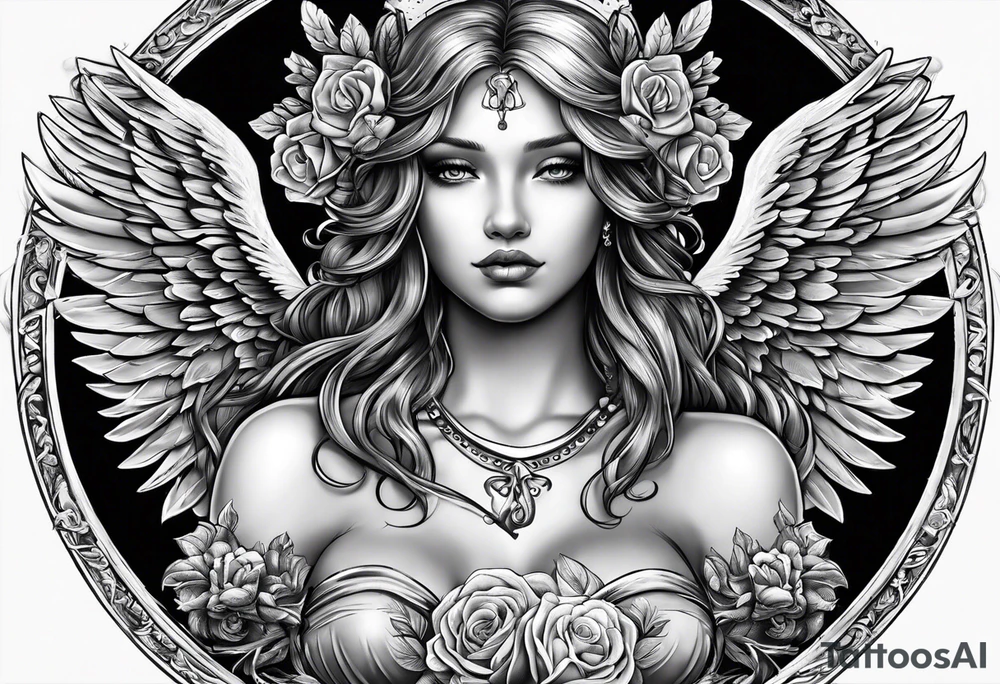 angel with name tag which says Dennet tattoo idea