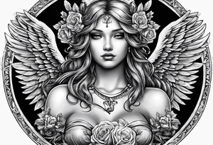 angel with name tag which says Dennet tattoo idea