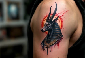 An Anubis with a Halo - Blending Egyptian mythology with Christian spirituality (only red , blue and black are possible colors) tattoo idea