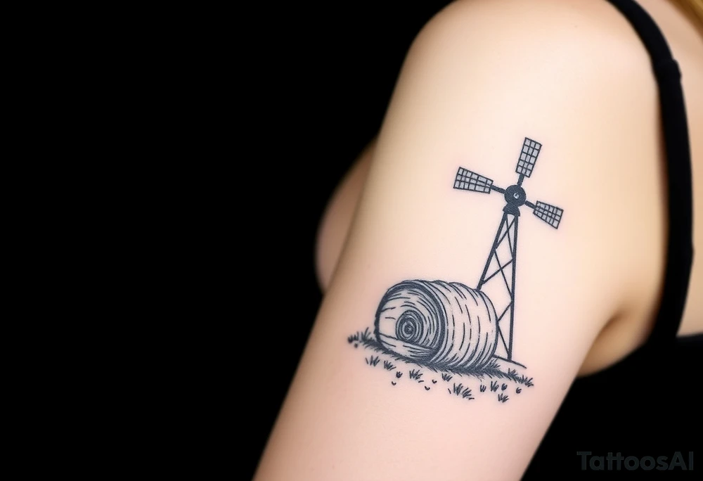 Old American windmill and hay bale tattoo idea
