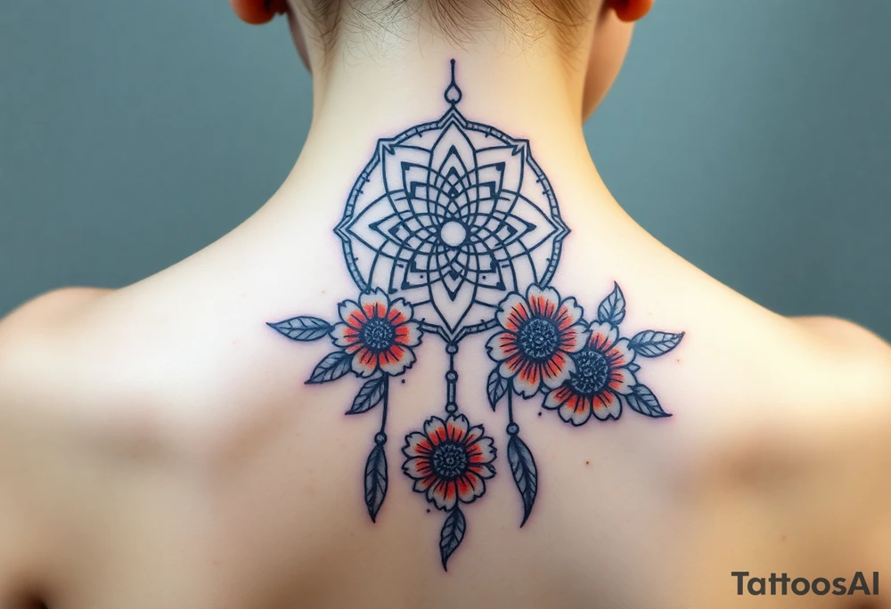 Dreamcatcher with zodiac symbols and protection runes caught in it with tigerlillies roses and sunflowers tattoo idea
