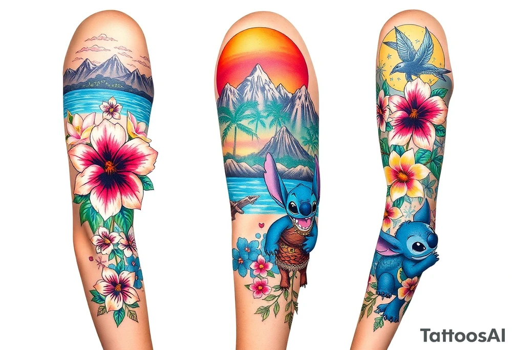 half sleeve, hawaiian theme, with water, mountains, tropical flowers, turtles. and disneys moana and lilo and stitch characters tattoo idea