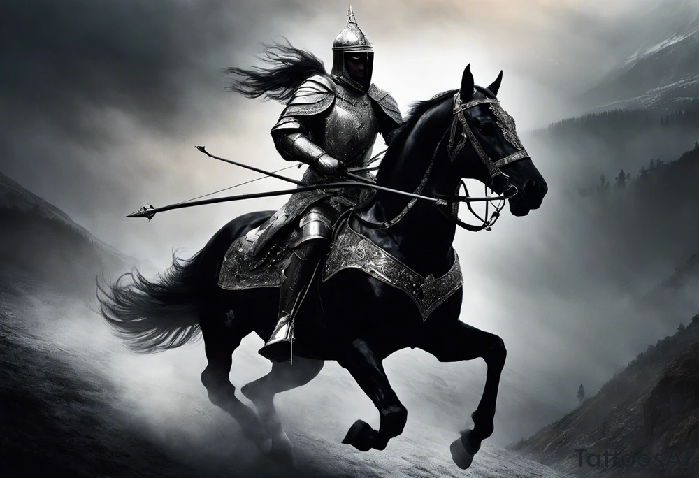 Dark art of the first horseman of the apocalypse. Wearing iron armor with a crown-shaped helmet, carrying a bow and arrows in one hand, he rides a white horse that is strong and slender, wearing shiny ornaments on his face. It is not possible to see the face of the horseman, who is obscured by the darkness and fog of the image. It is important that the horseman is facing the image and that the image shows the entire body of both the horse and the rider. tattoo idea