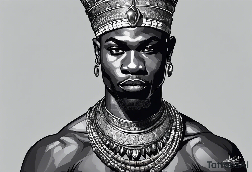 Black-skinned bald african warrior orisha with a simple silver crown. He uses blue necklaces and has a sword tattoo idea