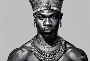 Black-skinned bald african warrior orisha with a simple silver crown. He uses blue necklaces and has a sword tattoo idea