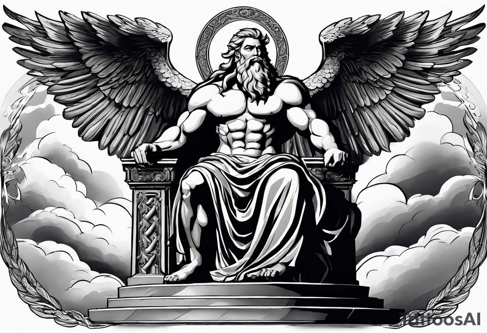 Zeus (Left Shoulder):

Zeus depicted in a seated position on a throne of clouds, holding a thunderbolt aloft in one hand.
The background could feature storm clouds with lightning bolts arcing across the sky.
Eagles, symbols of Zeus, soaring around him or perched on the throne's armrests. tattoo idea