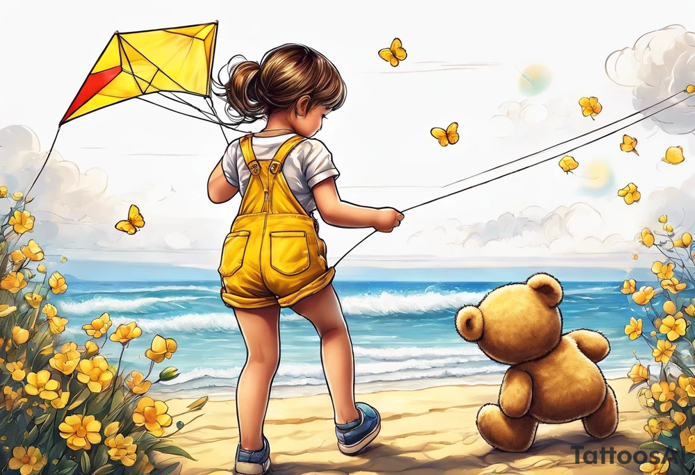 back image of a little girl flying a kite with a teddy bear in yellow overalls standing beside her tattoo idea