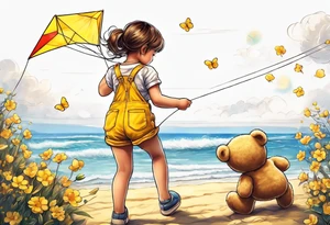back image of a little girl flying a kite with a teddy bear in yellow overalls standing beside her tattoo idea
