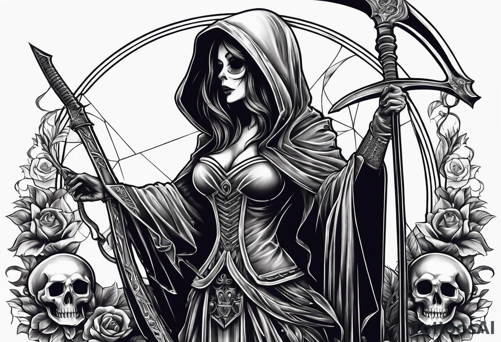 Lady grim reaper with
 scythe and skulls tattoo idea