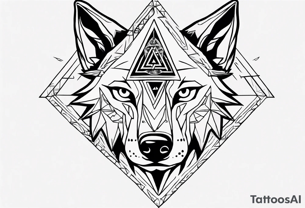 wolf head with triforce on forehead and a triangle in the background tattoo idea