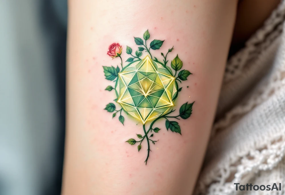 An earthy green geometrical rune of love, surrounded by vines and soft rose petals, emphasizing love’s growth and beauty. The symbol’s glowing edges represent love’s nurturing energy, with light golden highlights that make it appear as if it’s alive. tattoo idea