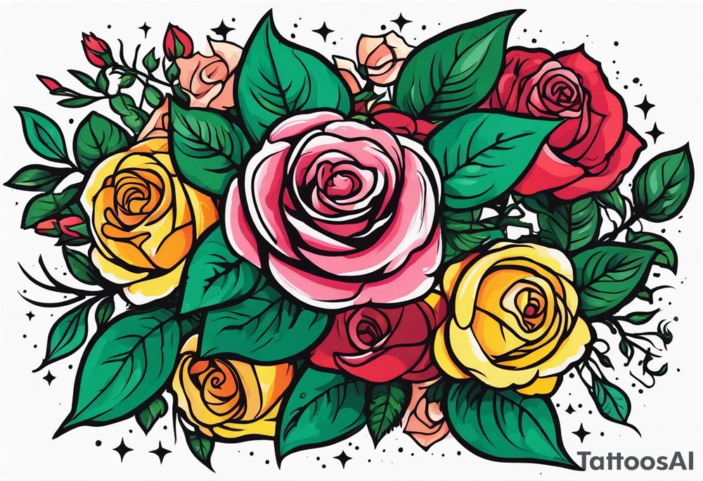 Revolver, roses, plants, pentagram tattoo idea