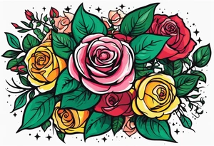 Revolver, roses, plants, pentagram tattoo idea