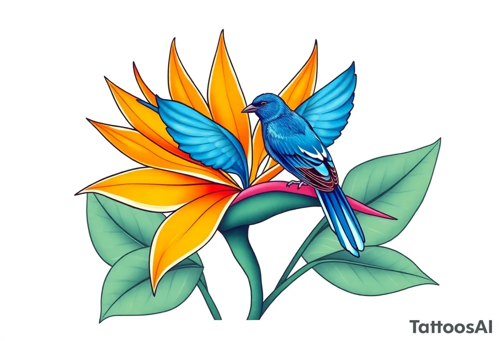 Bird of paradise flower with blue bird tattoo idea