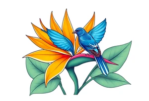 Bird of paradise flower with blue bird tattoo idea