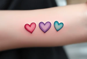 Three delicate hearts in a watercolor gradient of pink, lavender, and teal, fading into each other to symbolize everlasting love. tattoo idea