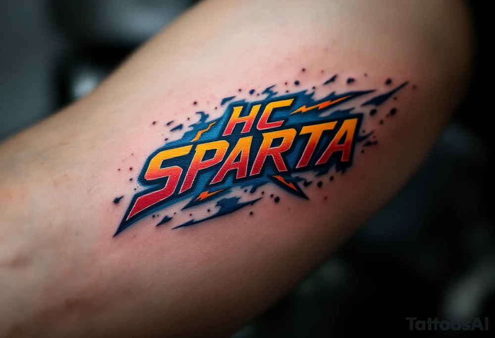 A bold red and yellow "HC Sparta PRAHA" logo blazing across a muscular forearm with icy blue shading. tattoo idea