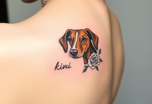 female  hound dog brown  Brindle with white strip going up snout   Slightly off center and pointy ears 
dog with the name kiwi . And a tiny rose around her . With her ears pointy a little big tattoo idea