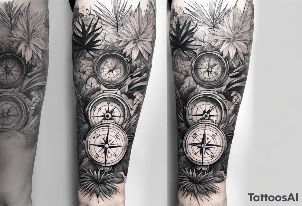 full arm sleeve tattoo with jungle plants, compass, eye tattoo idea