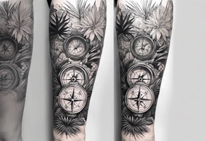 full arm sleeve tattoo with jungle plants, compass, eye tattoo idea