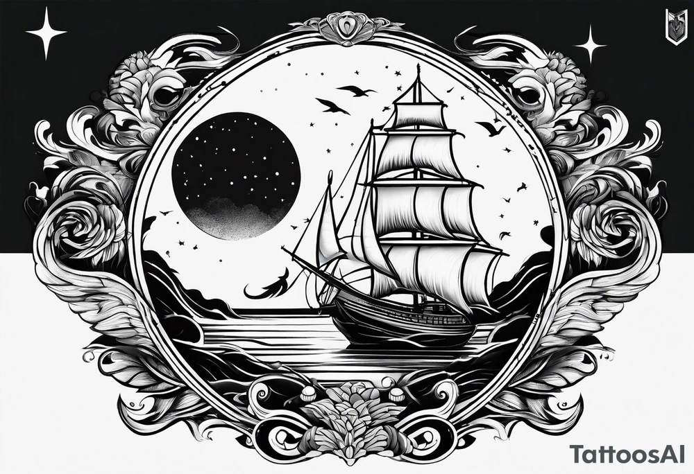 phoenix survolant un voilier. lune. phare marin tattoo idea