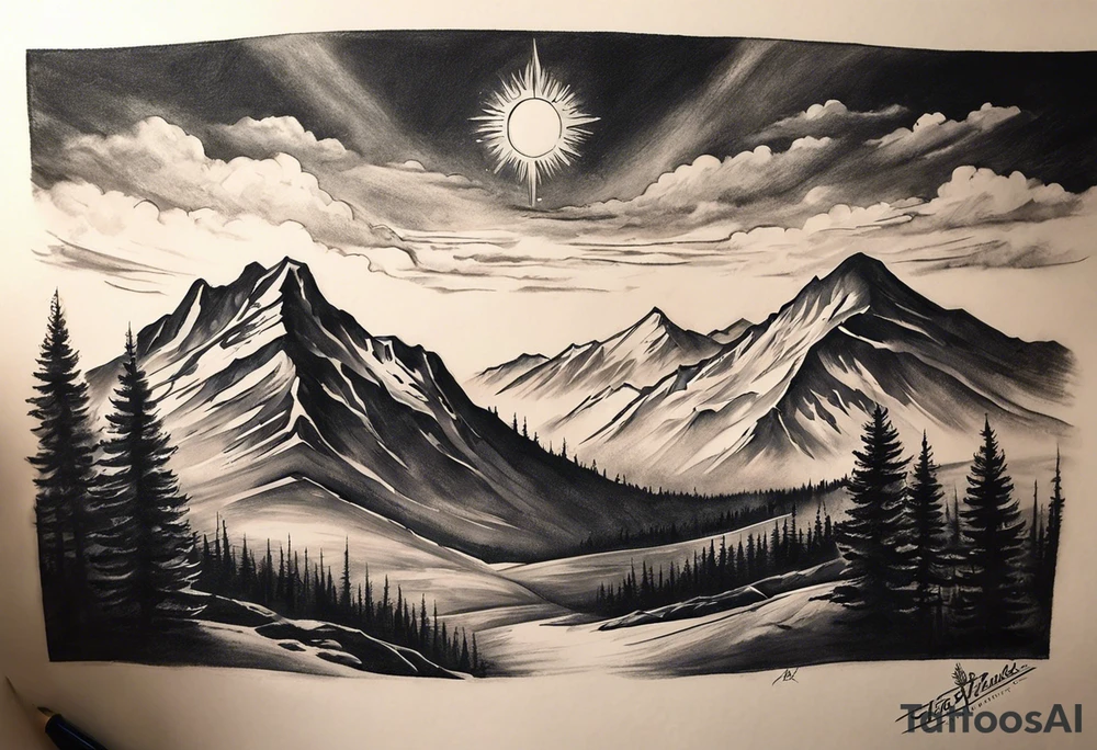 Half sleeve. View from the base of the mountains looking up to the sun. The sun is a clock that reads 12:01 to signify a new day. I want a clock tower in the middle of the mountains with the times my two sons were born. This tattoo represents overcoming massive obstacles and becoming a better person. tattoo idea