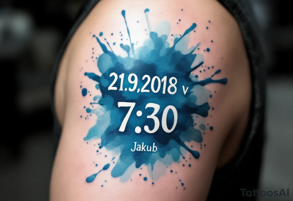 Bold numbers "21.9.2018 v 7:30" with the name "Jakub" beneath, surrounded by a blue watercolor splash. tattoo idea