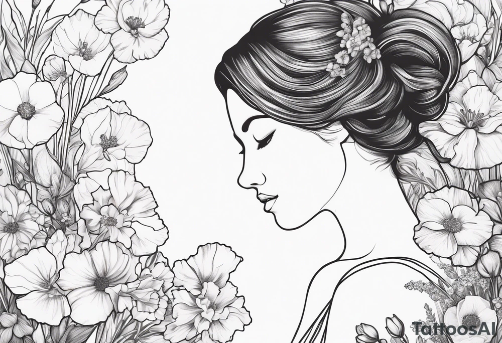 Female no face from behind outline surrounded by carnations
snow drops, iris, poppies, cosmos, and narcissus tattoo idea