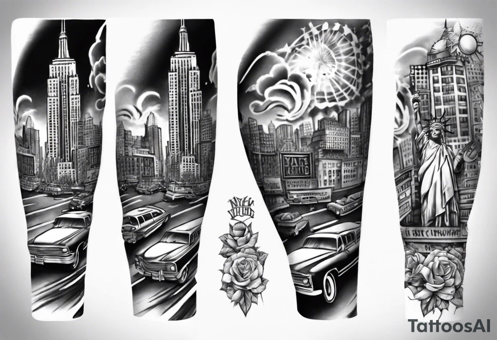 full arm sleeve tattoo based on new york city tattoo idea