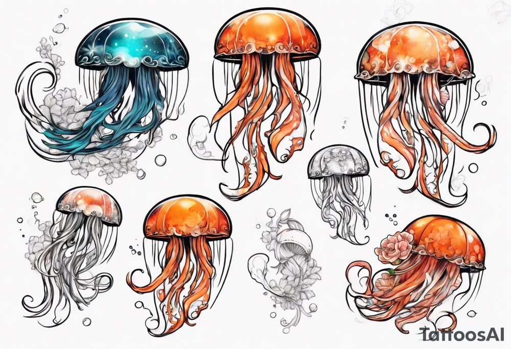 1 jellyfish with the moon in the lid. Then with mini koi carp and jellyfish swimming amongst the tentacles tattoo idea