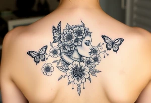 Side portrait of Medusa with flowers, butterflies 
and mandala tattoo idea