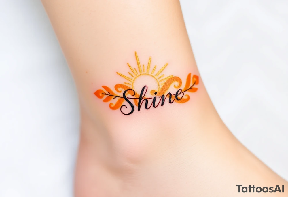 A golden yellow and fiery orange feather with a sunbeam effect, featuring the word "Shine", representing radiance and warmth in a relationship tattoo idea