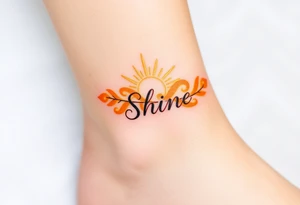 A golden yellow and fiery orange feather with a sunbeam effect, featuring the word "Shine", representing radiance and warmth in a relationship tattoo idea