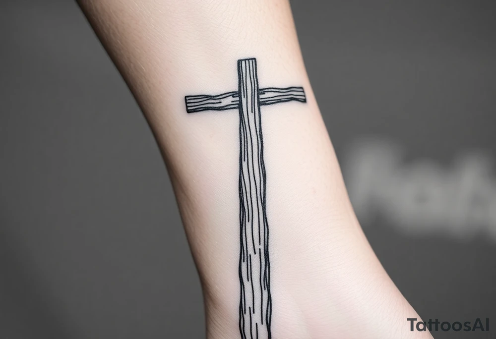 a wooden 12kv distribution pole with electrical lines. Make the pole a cross that has a hidden resemblance to god. tattoo idea
