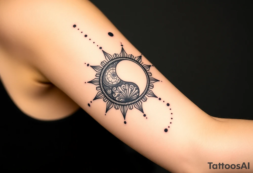 celestial sun and moon embrace with constellation patterns tattoo idea