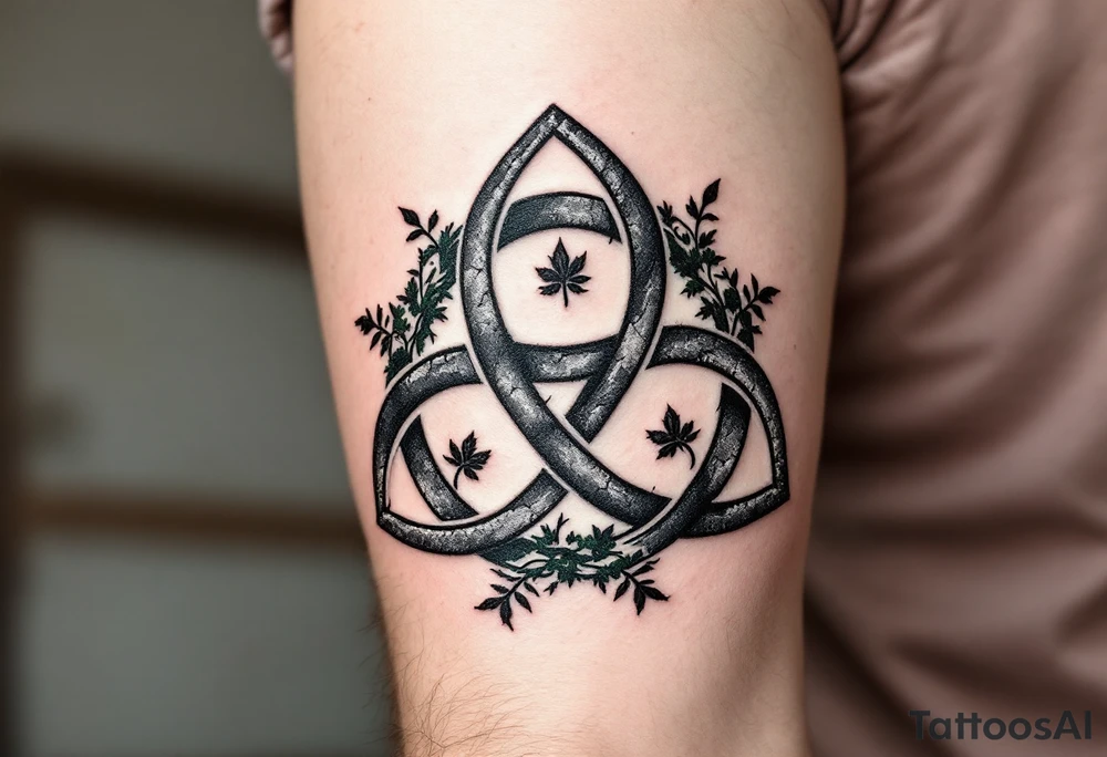 Celtic Trinity Knot with Stone Texture and Vines – A bold, interwoven Celtic triquetra (trinity knot), with fine moss and ivy vines wrapping through the loops. The design is textured like ancient granite, in stone gray, deep forest green, and subtle earthy brown tones. tattoo idea