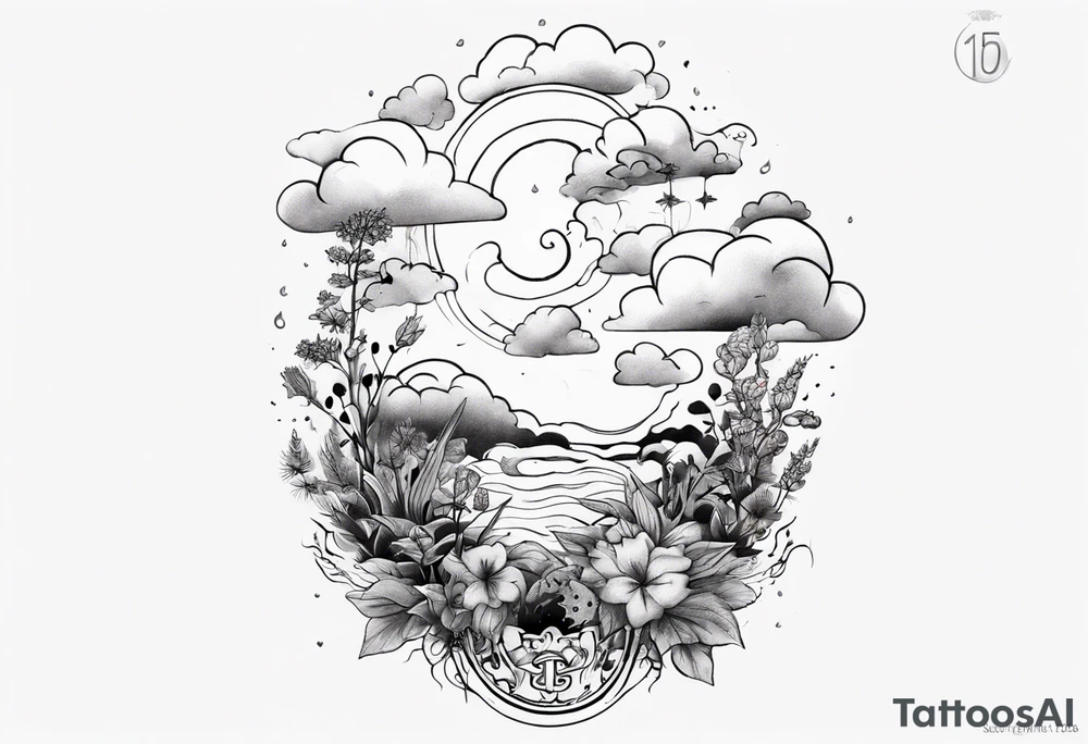 forearm tattoo of a clouds with little plants and the date 12.08.05 tattoo idea